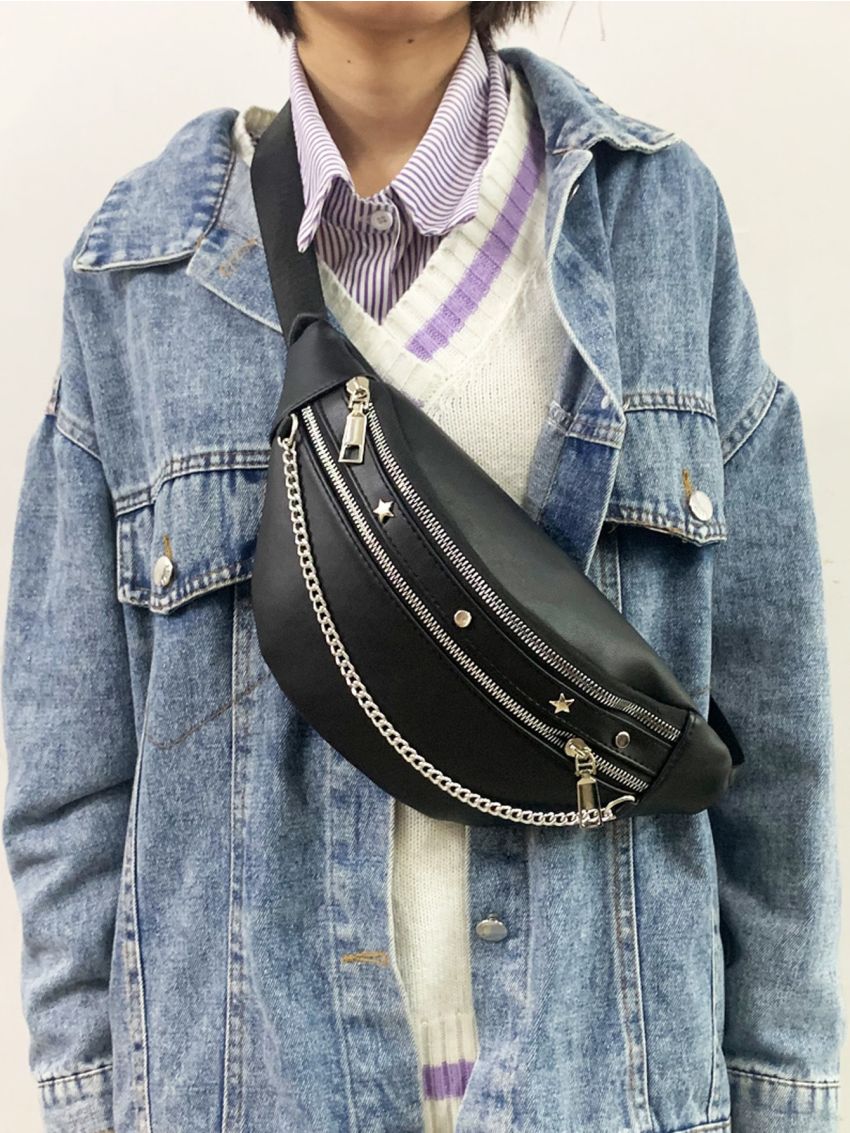 Waist Bag With Chain, Women's Casual Zipper Fanny Pack, Cool Chest Bag For Girls, Belt Bag