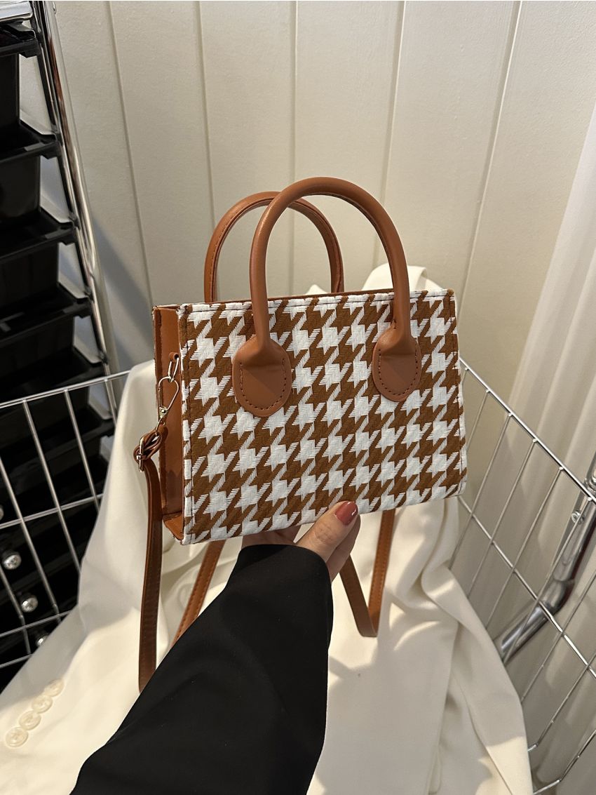 Houndstooth Pattern Double Handle Square Bag