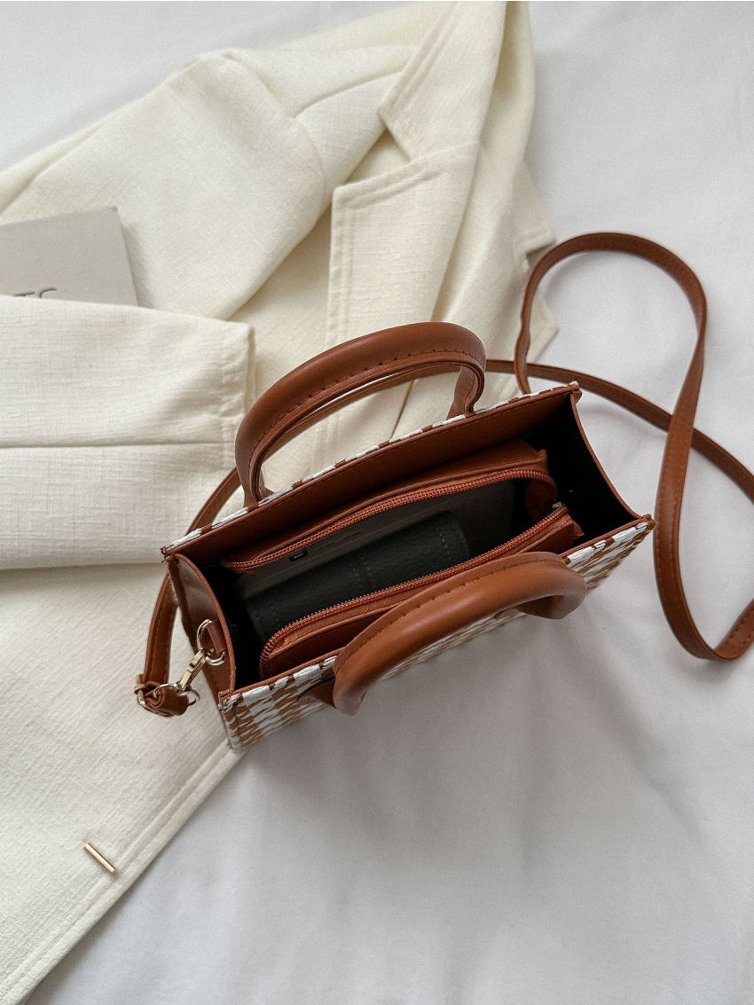 Houndstooth Pattern Double Handle Square Bag