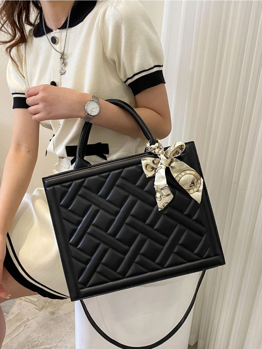 Embossed Detail Twilly Scarf Decor Top Handle Bag