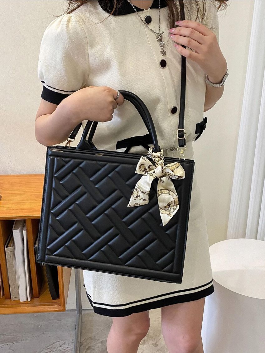 Embossed Detail Twilly Scarf Decor Top Handle Bag