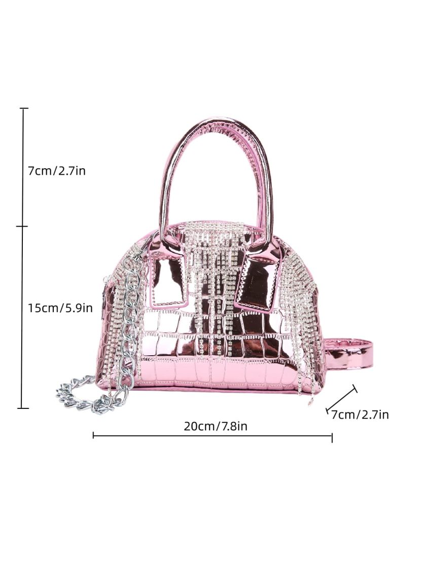 Mini Metallic Crocodile Embossed Rhinestone Fringe Decor Chain Dome Bag