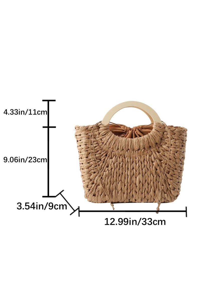 Drawstring Straw Bag Ring Strap Top Handle Bag For Vacation