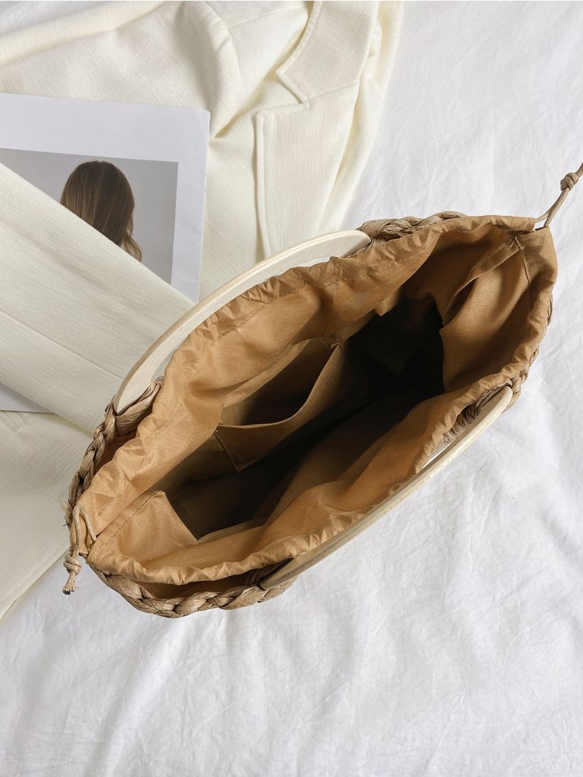 Drawstring Straw Bag Ring Strap Top Handle Bag For Vacation