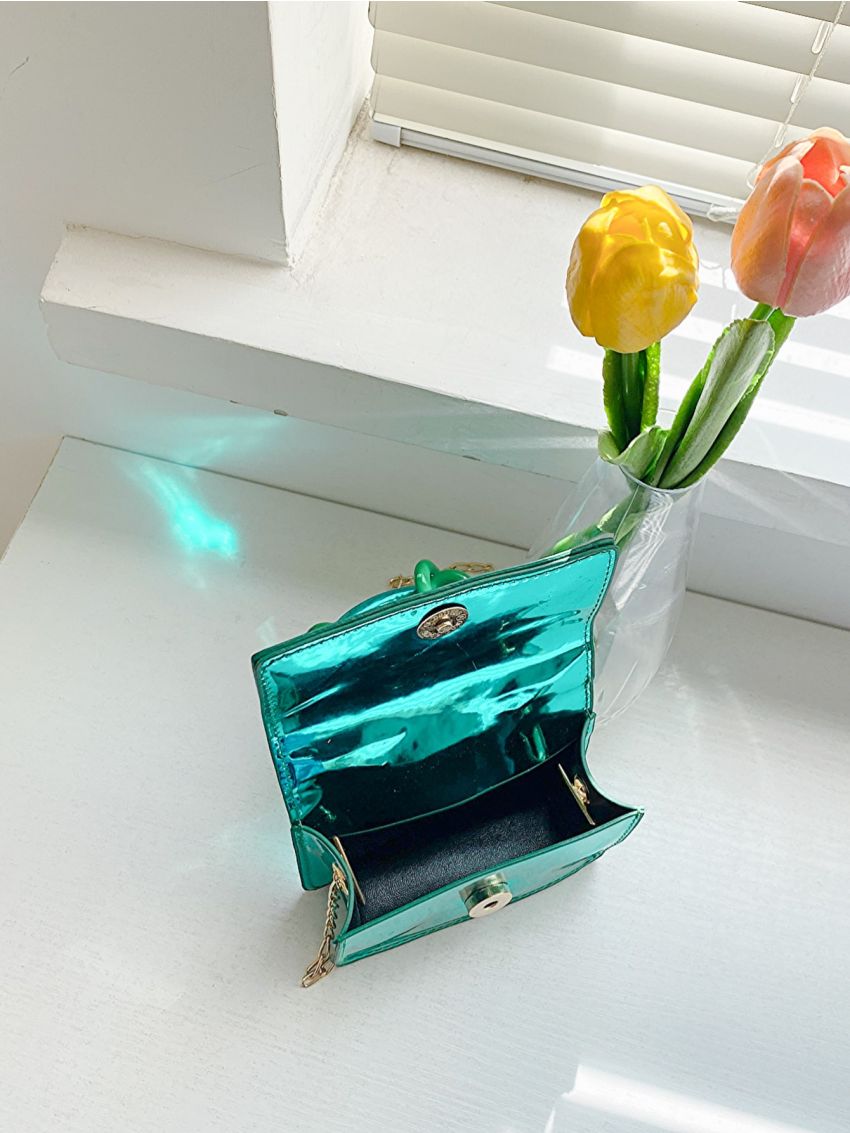 Mini Neon Green Satchel Chain Decor Flap Square Bag