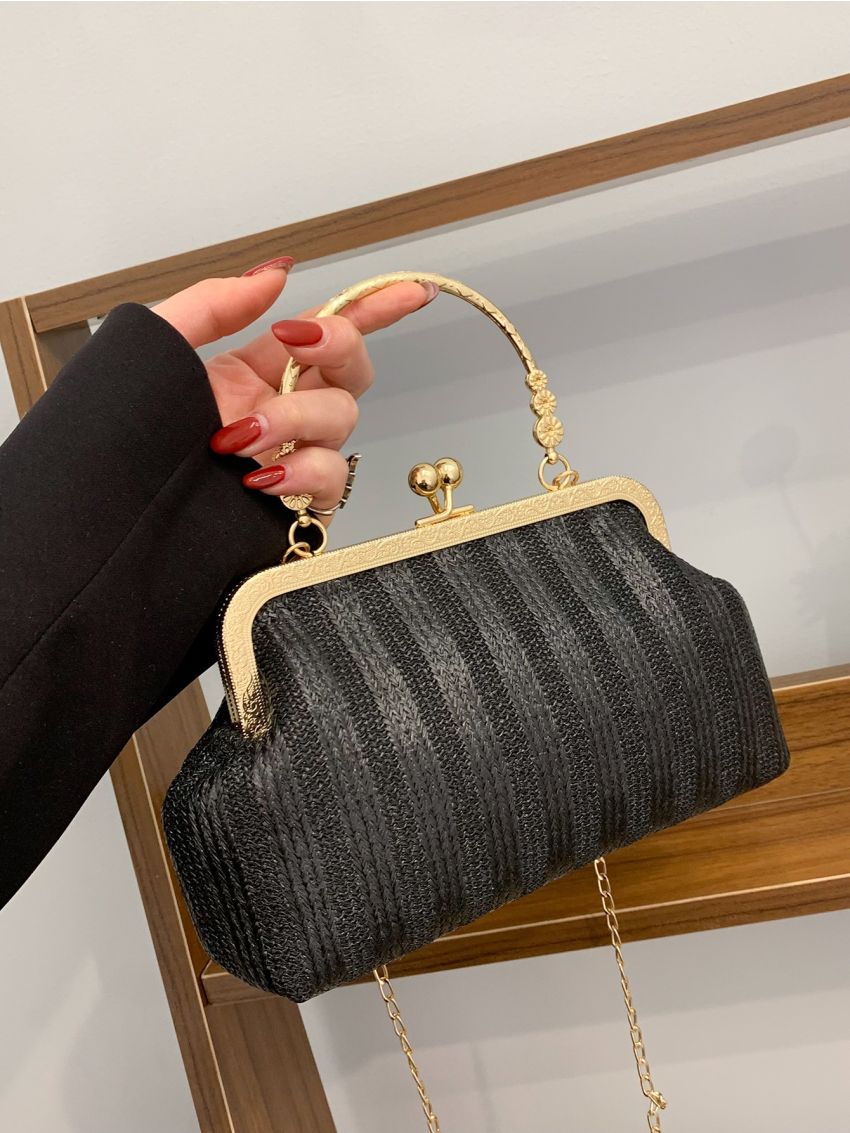 Striped Textured Kiss Lock Chain Dome Bag