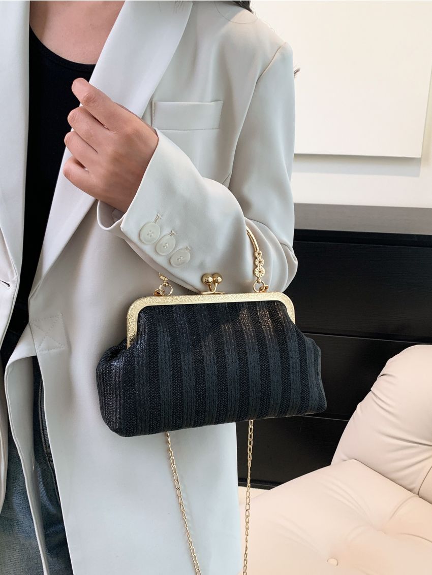 Striped Textured Kiss Lock Chain Dome Bag