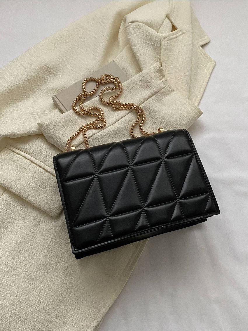 Quilted Detail Flap Chain Square Bag