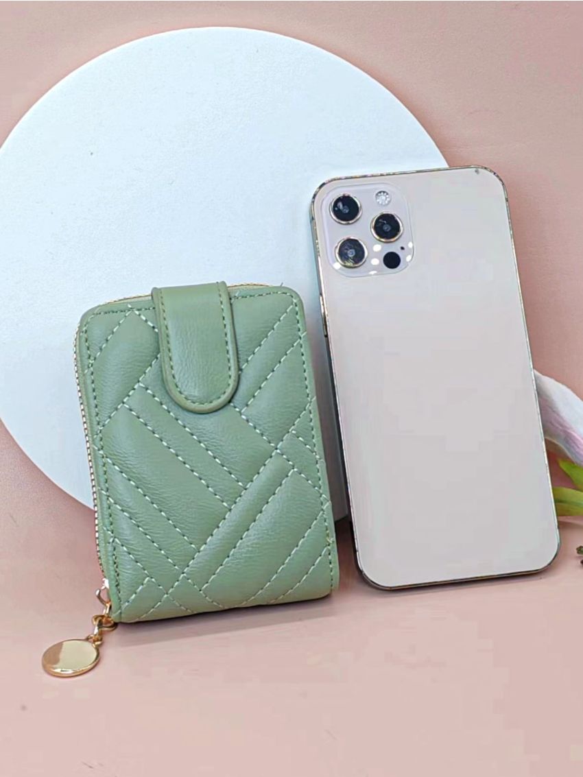 Stitch Detail Card Holder Snap Button Zipper PU Multi-Card Card Organizer for Storage Credit Cards