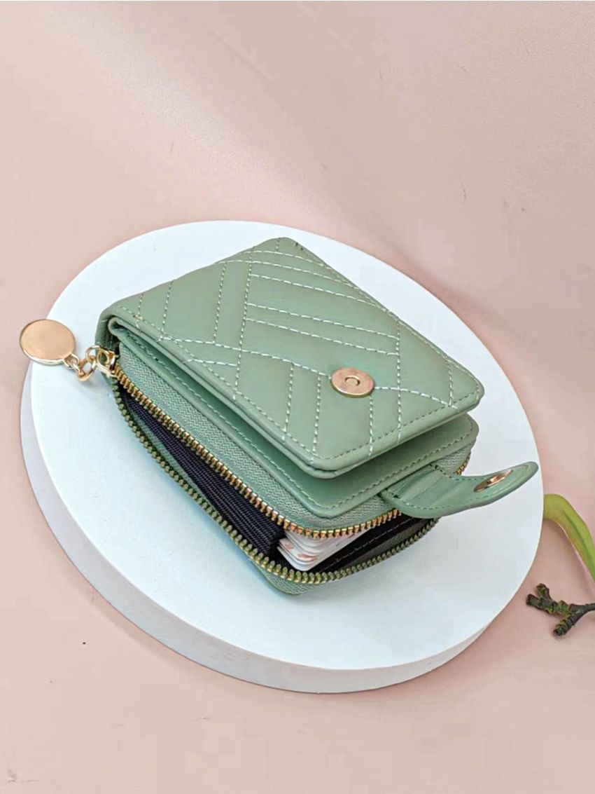 Stitch Detail Card Holder Snap Button Zipper PU Multi-Card Card Organizer for Storage Credit Cards