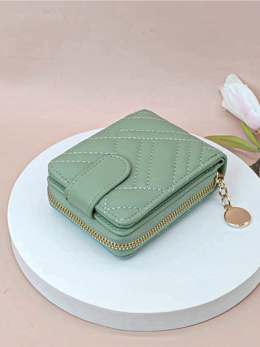 Stitch Detail Card Holder Snap Button Zipper PU Multi-Card Card Organizer for Storage Credit Cards