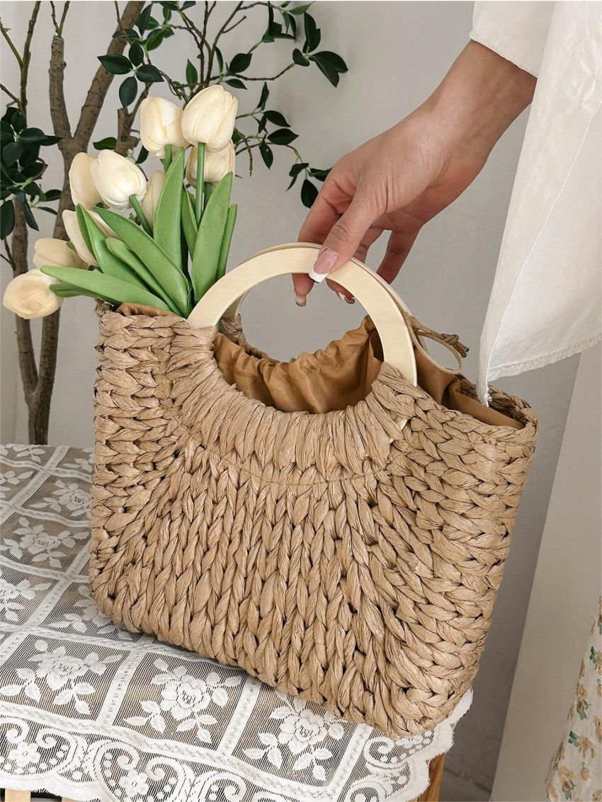 Drawstring Straw Bag Ring Strap Top Handle Bag For Vacation