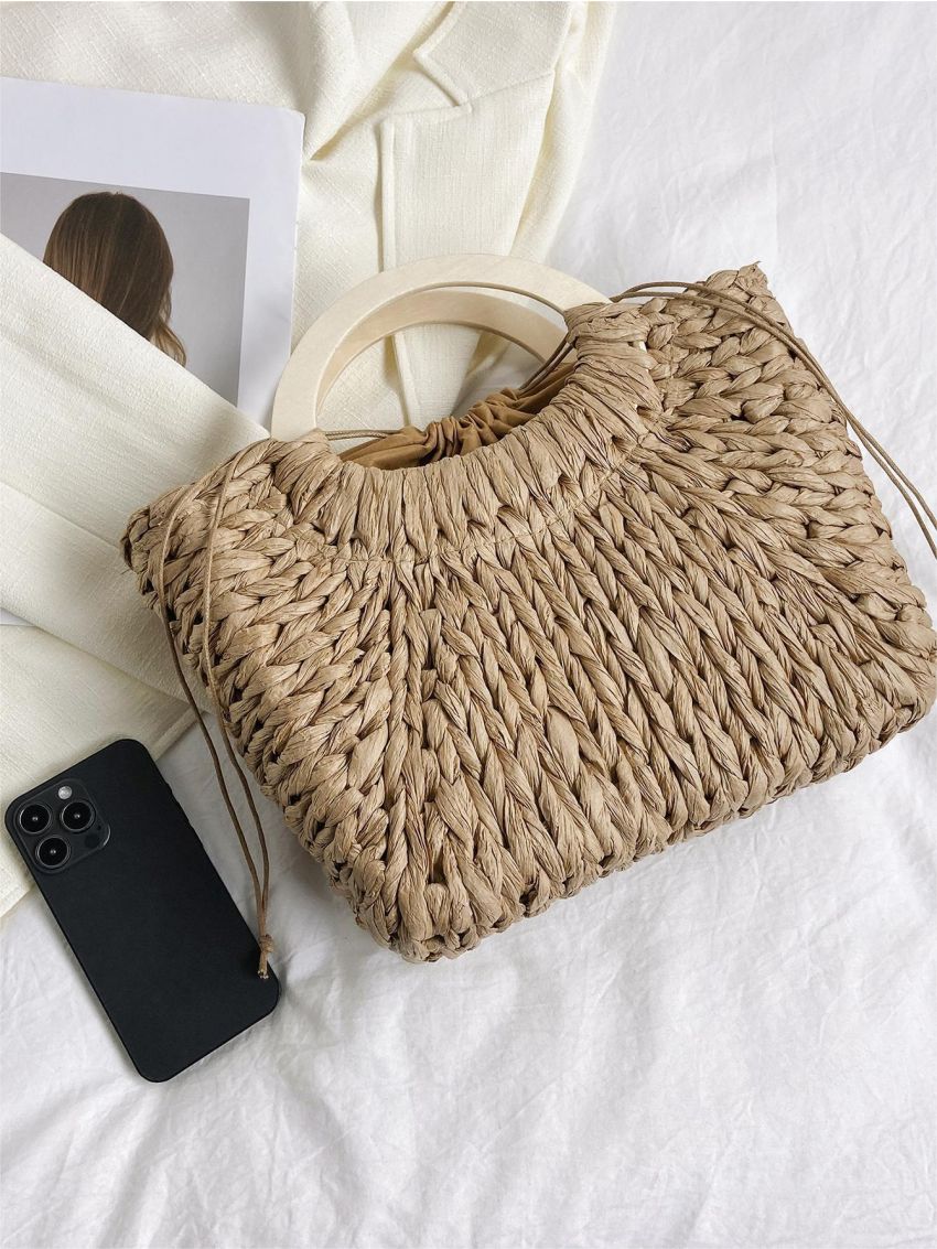 Drawstring Straw Bag Ring Strap Top Handle Bag For Vacation