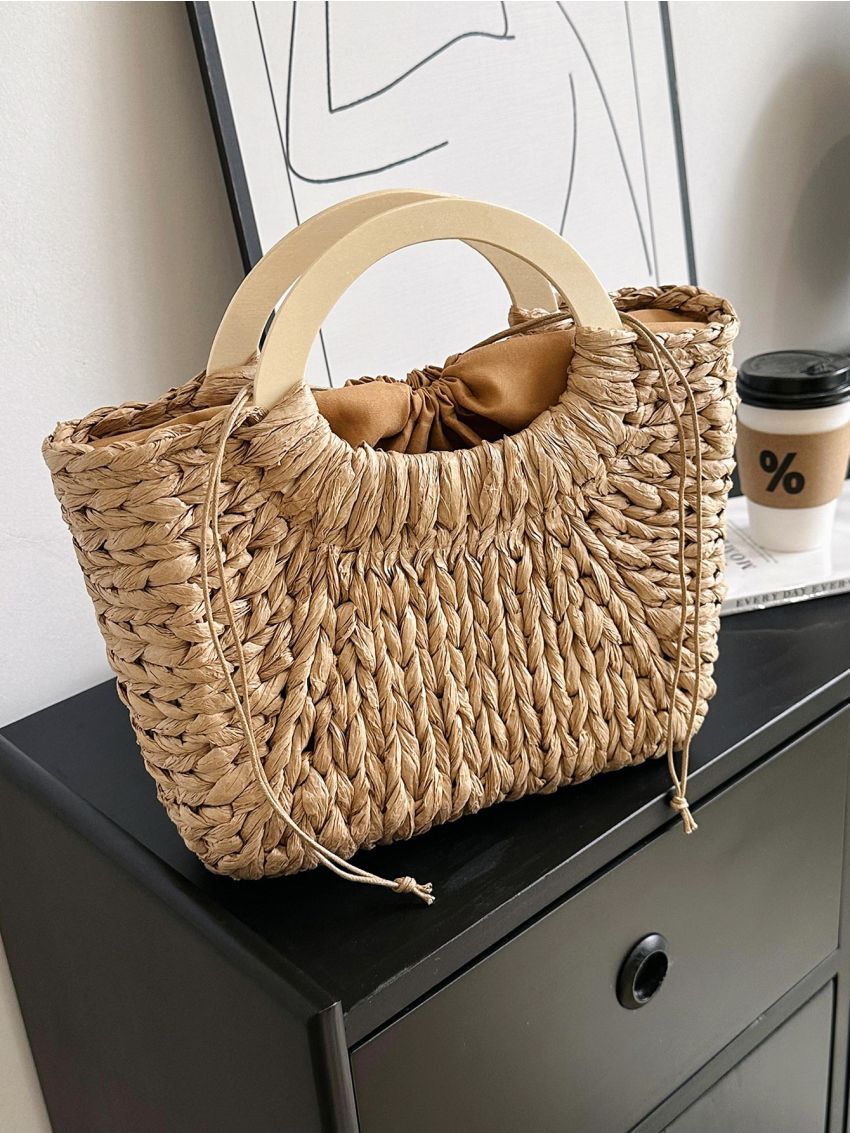 Drawstring Straw Bag Ring Strap Top Handle Bag For Vacation