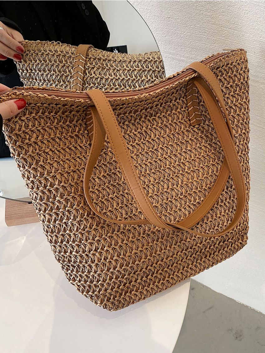 Minimalist Straw Bag Large Capacity Shoulder Tote Bag for Vacation