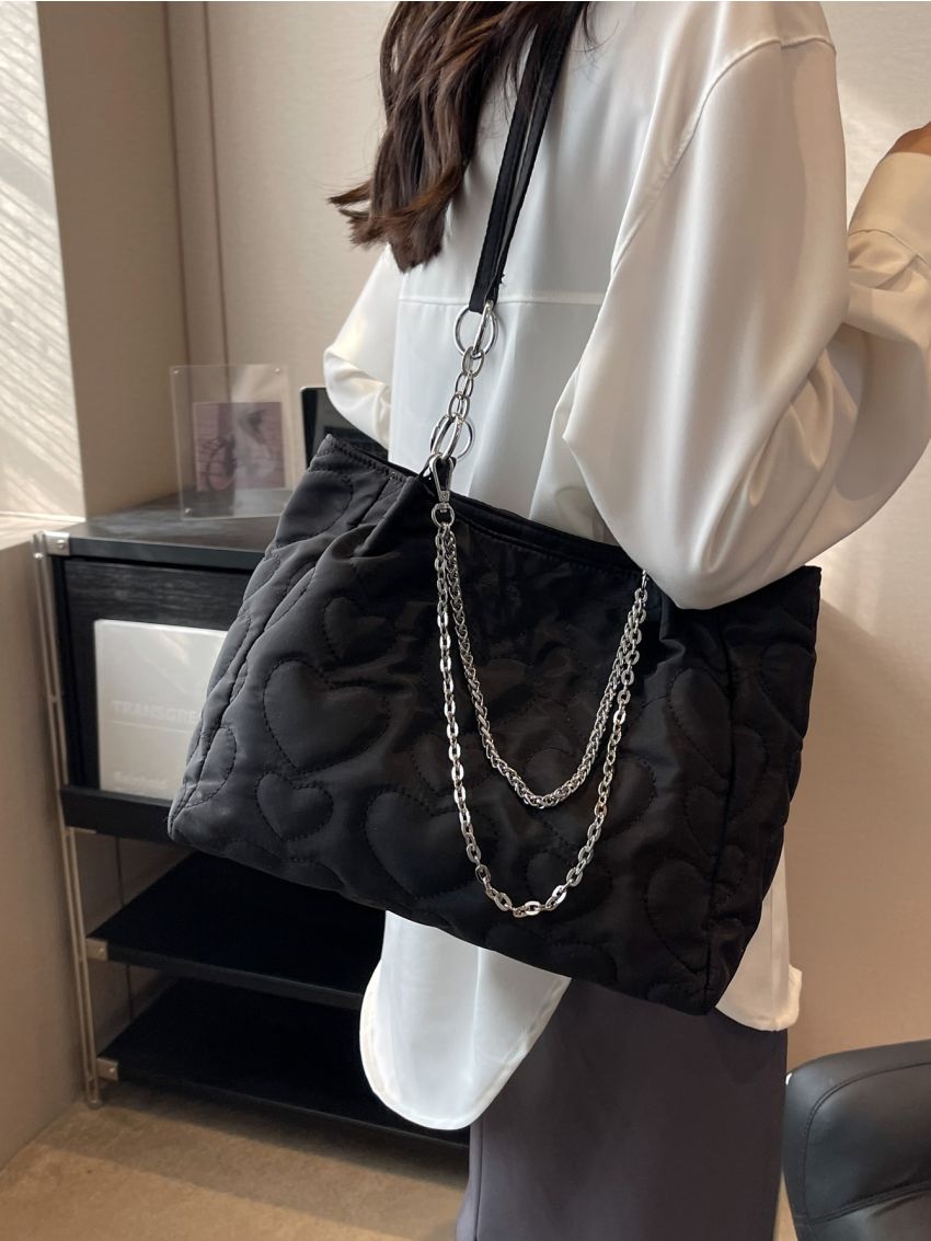 Heart Quilted Chain Decor Shoulder Tote Bag