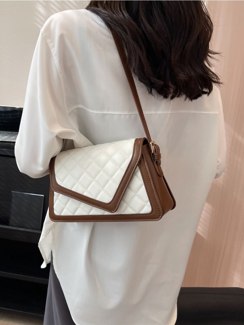 Quilted Contrast Binding Flap Square Bag