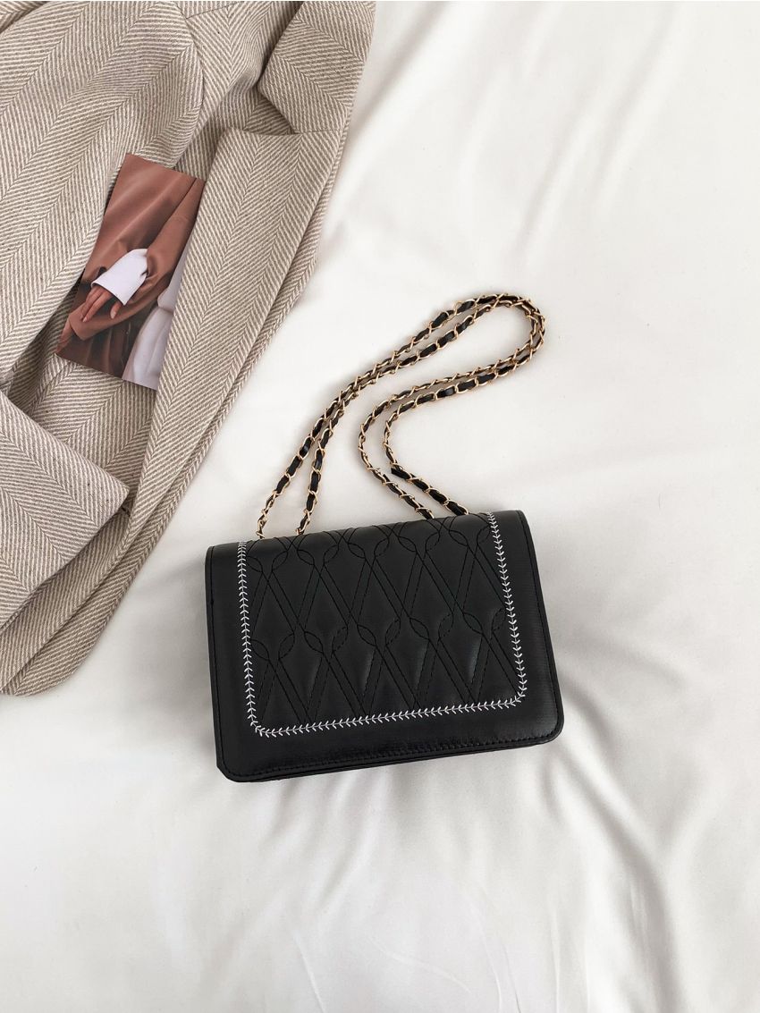 Quilted Pattern Embroidered Detail Flap Chain Square Bag