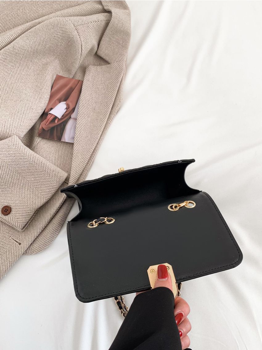 Quilted Pattern Embroidered Detail Flap Chain Square Bag