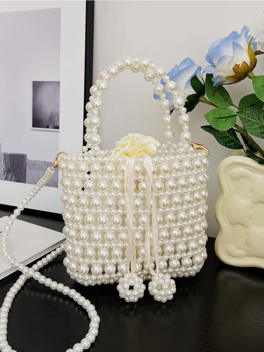 Mini Faux Pearl Decor Drawstring Design Satchel Bag