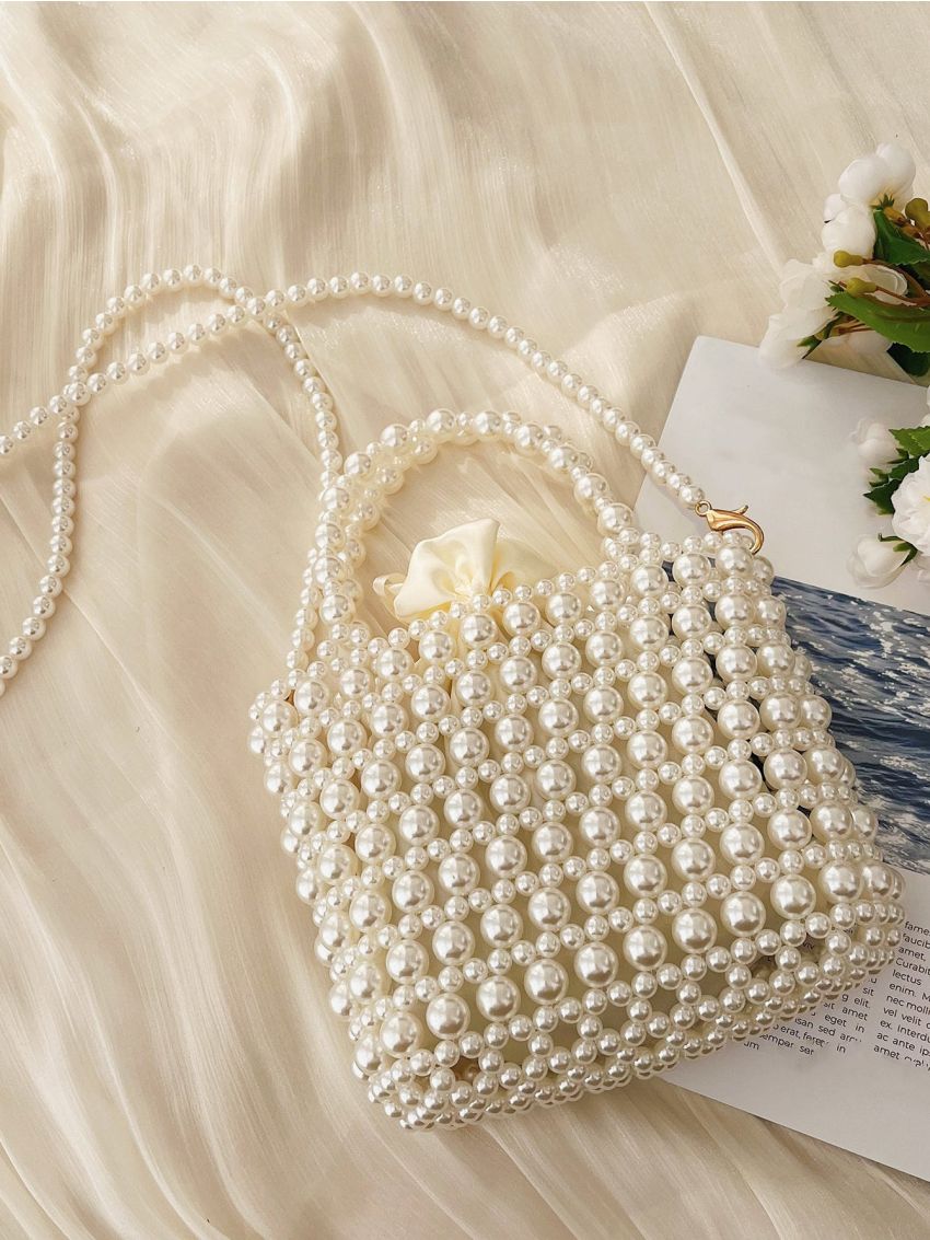 Mini Faux Pearl Decor Drawstring Design Satchel Bag