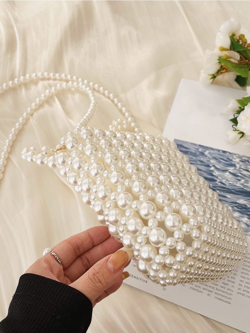 Mini Faux Pearl Decor Drawstring Design Satchel Bag
