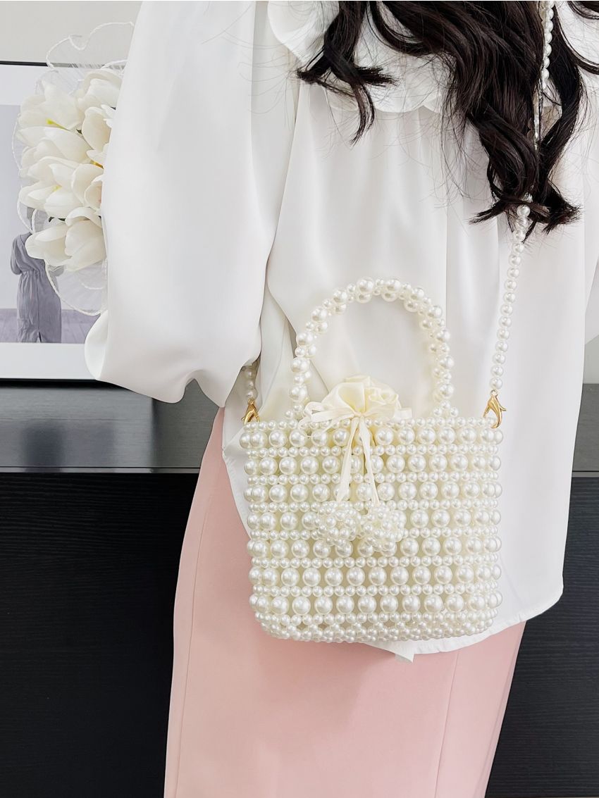 Mini Faux Pearl Decor Drawstring Design Satchel Bag