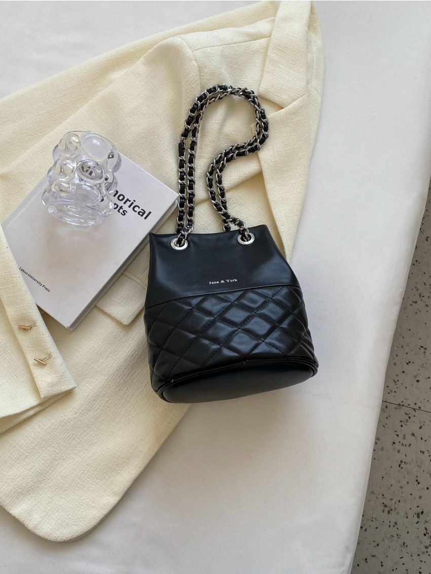 Mini Quilted Letter Graphic Chain Bucket Bag
