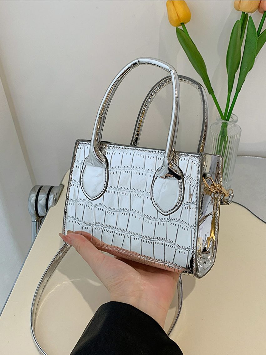 Mini Metallic Crocodile Embossed Square Bag