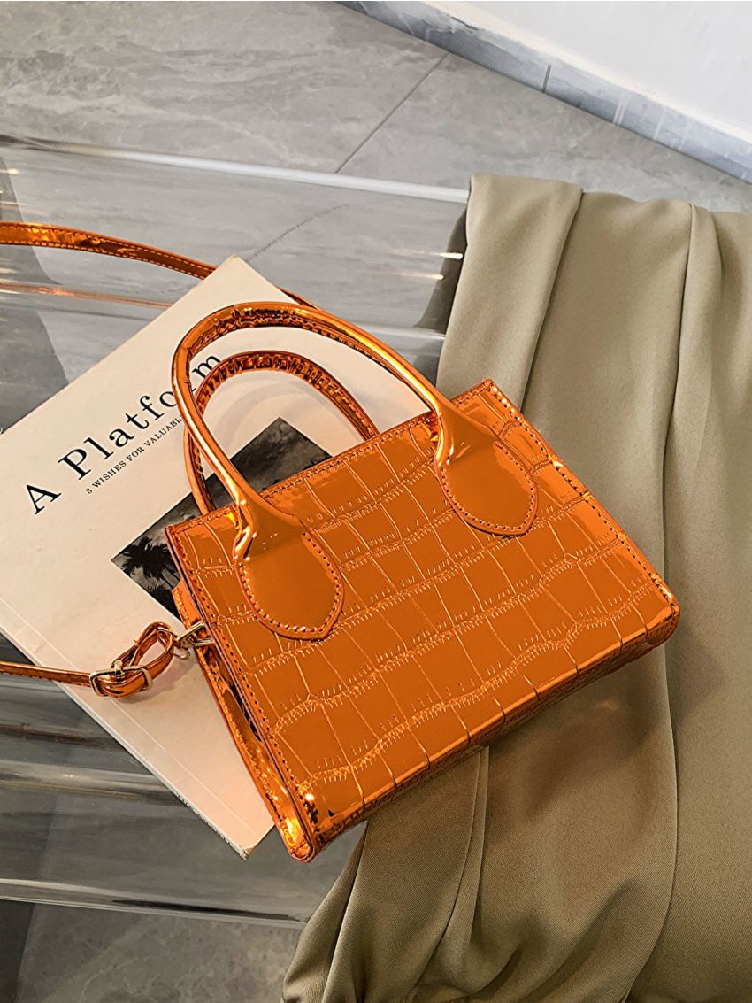 Mini Metallic Crocodile Embossed Square Bag