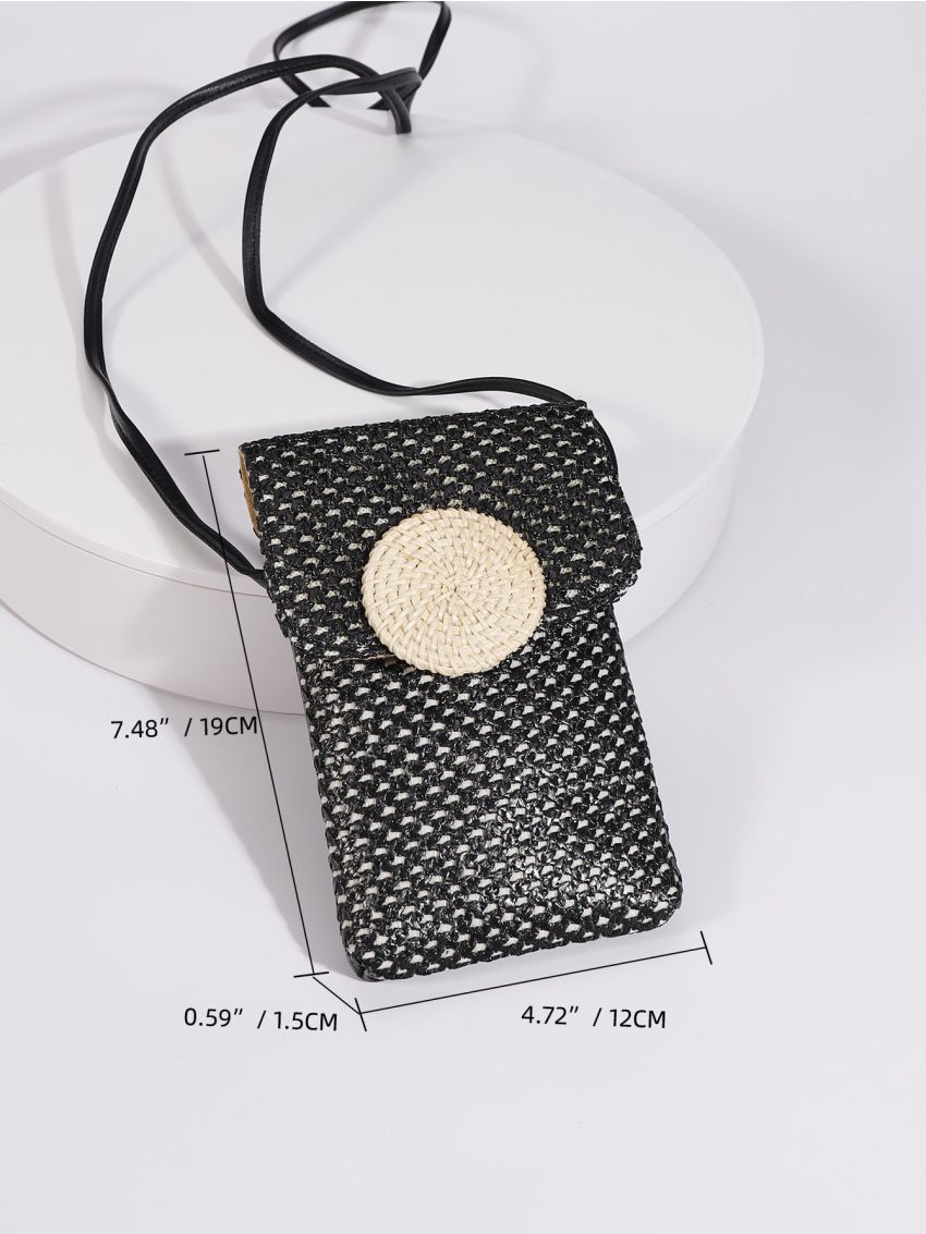 Colorblock Straw Bag Snap Button Phone Wallet For Vacation