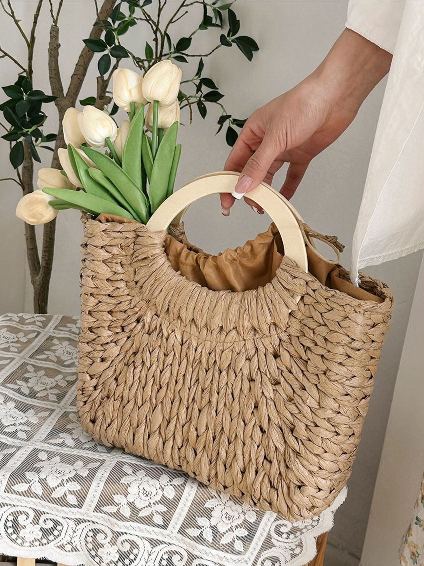 Minimalist Drawstring Design Straw Bag