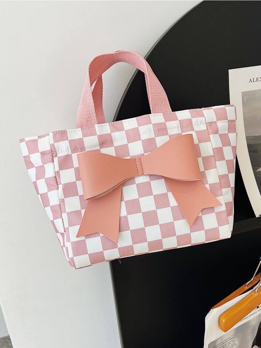 Checkered Pattern Bow Decor Shopper Bag