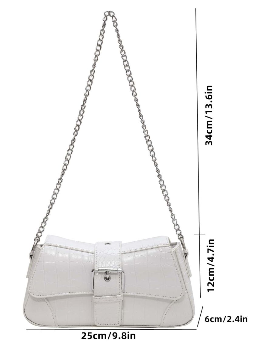 Crocodile Embossed Buckle Decor Chain Baguette Bag