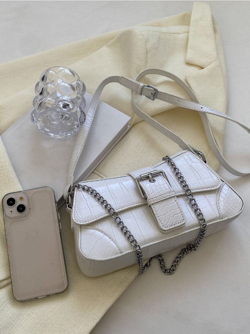 Crocodile Embossed Buckle Decor Chain Baguette Bag