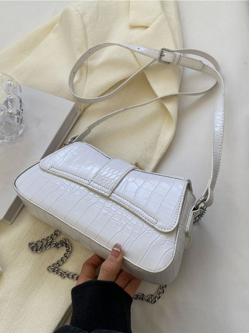 Crocodile Embossed Buckle Decor Chain Baguette Bag