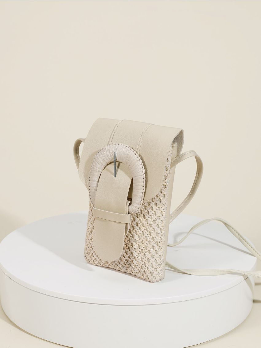 Mini Buckle Decor Flap Straw Bag