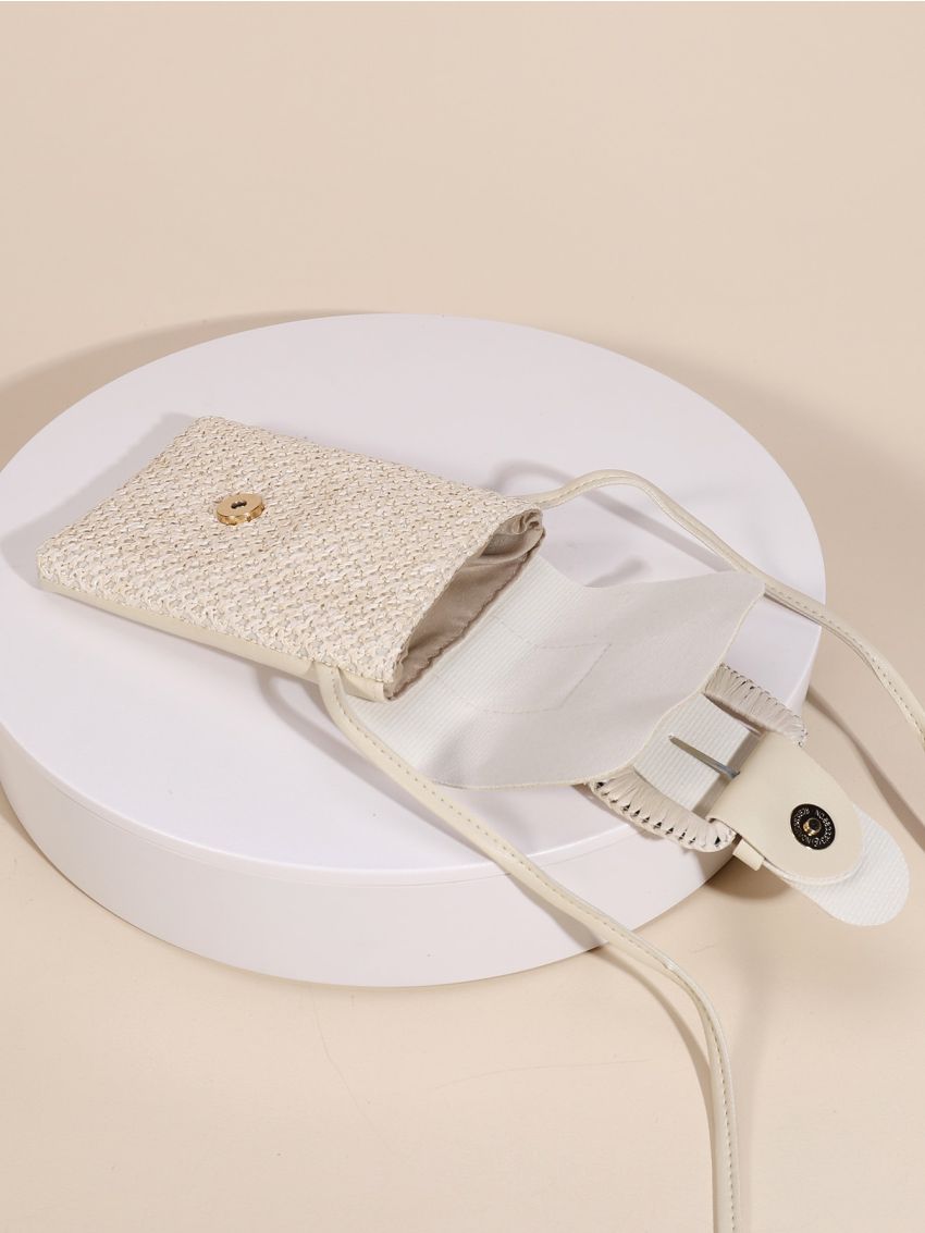 Mini Buckle Decor Flap Straw Bag