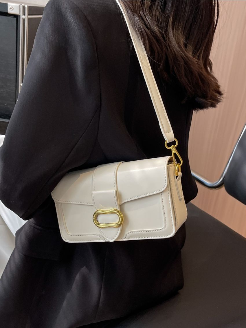 Mini Buckle Crossbody Bag White Flap Square Bag for Work & Office