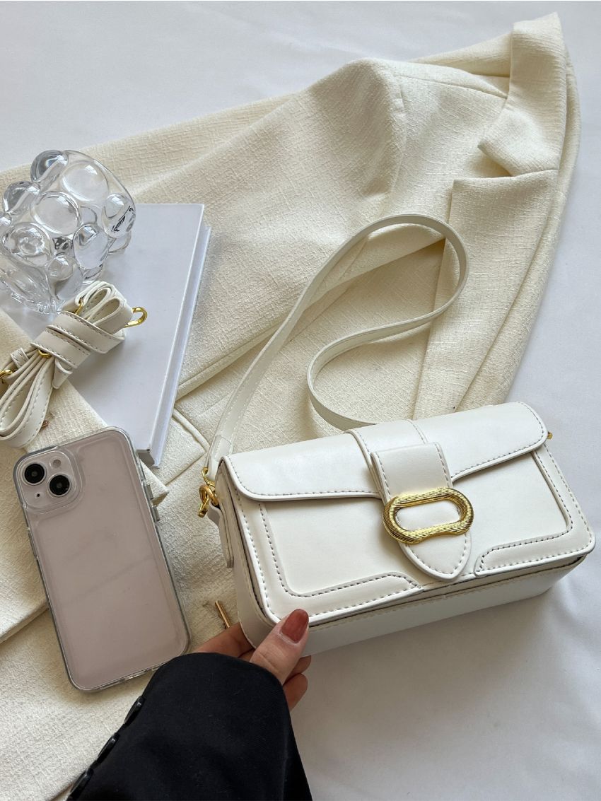 Mini Buckle Crossbody Bag White Flap Square Bag for Work & Office
