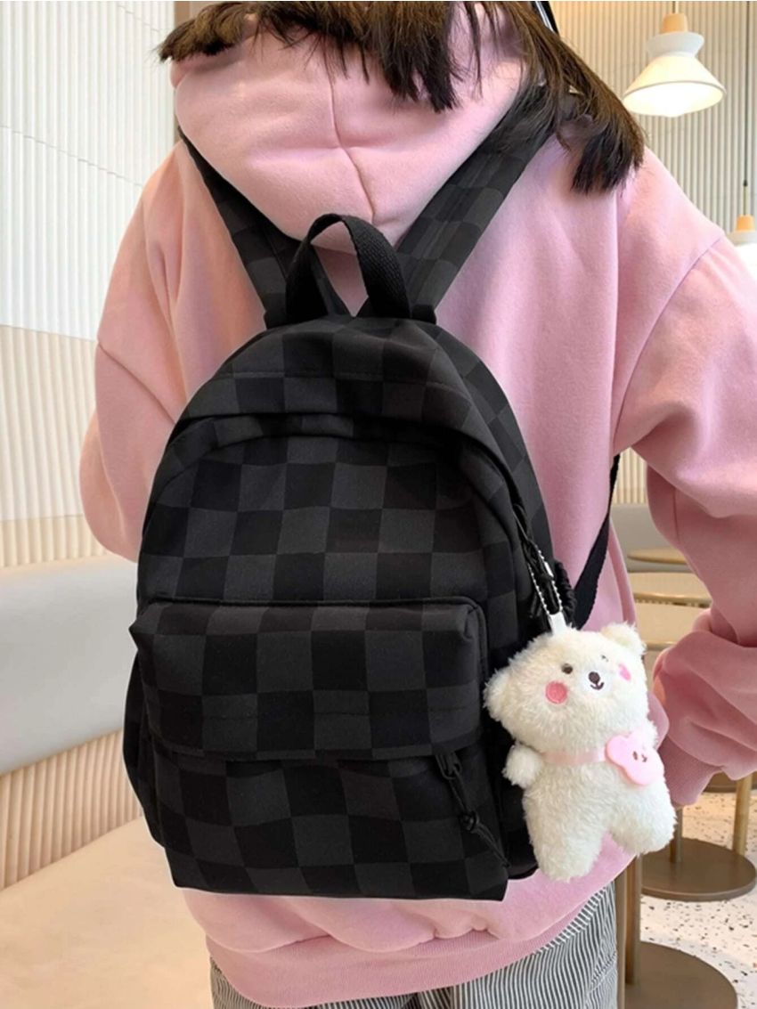Checkered Pattern Functional Backpack With Bag Charm