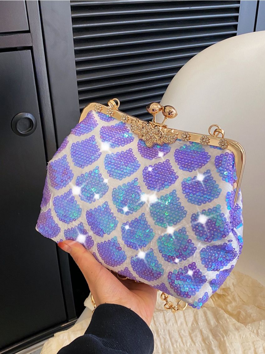 Mini Sequin Decor Kiss Lock Chain Evening Bag
