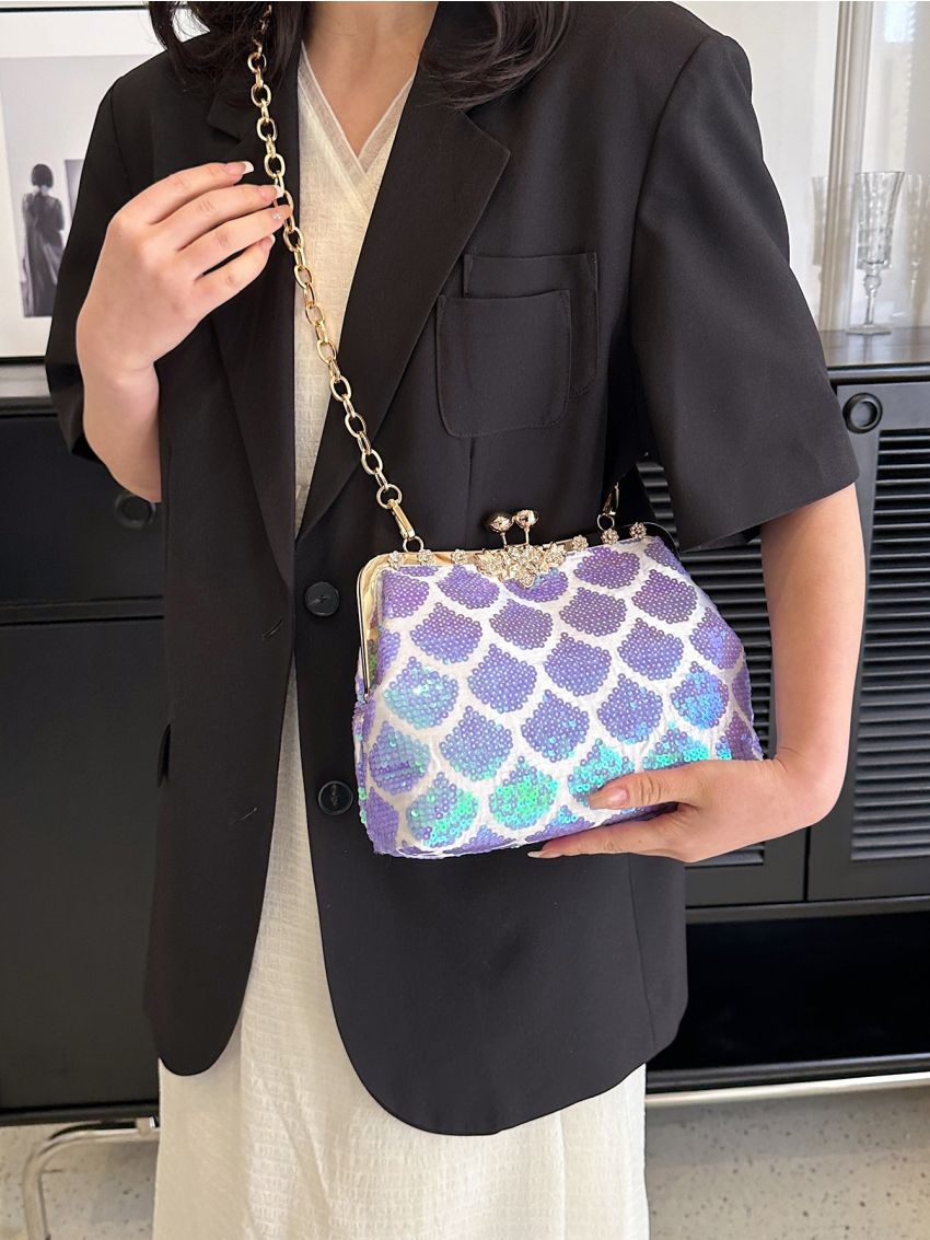 Mini Sequin Decor Kiss Lock Chain Evening Bag