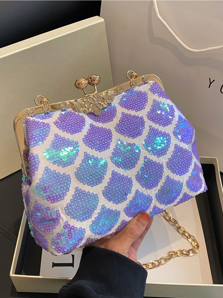Mini Sequin Decor Kiss Lock Chain Evening Bag