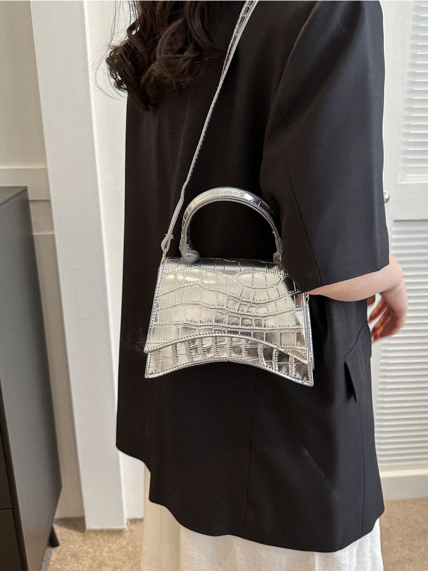 Mini Metallic Crocodile Embossed Flap Square Bag
