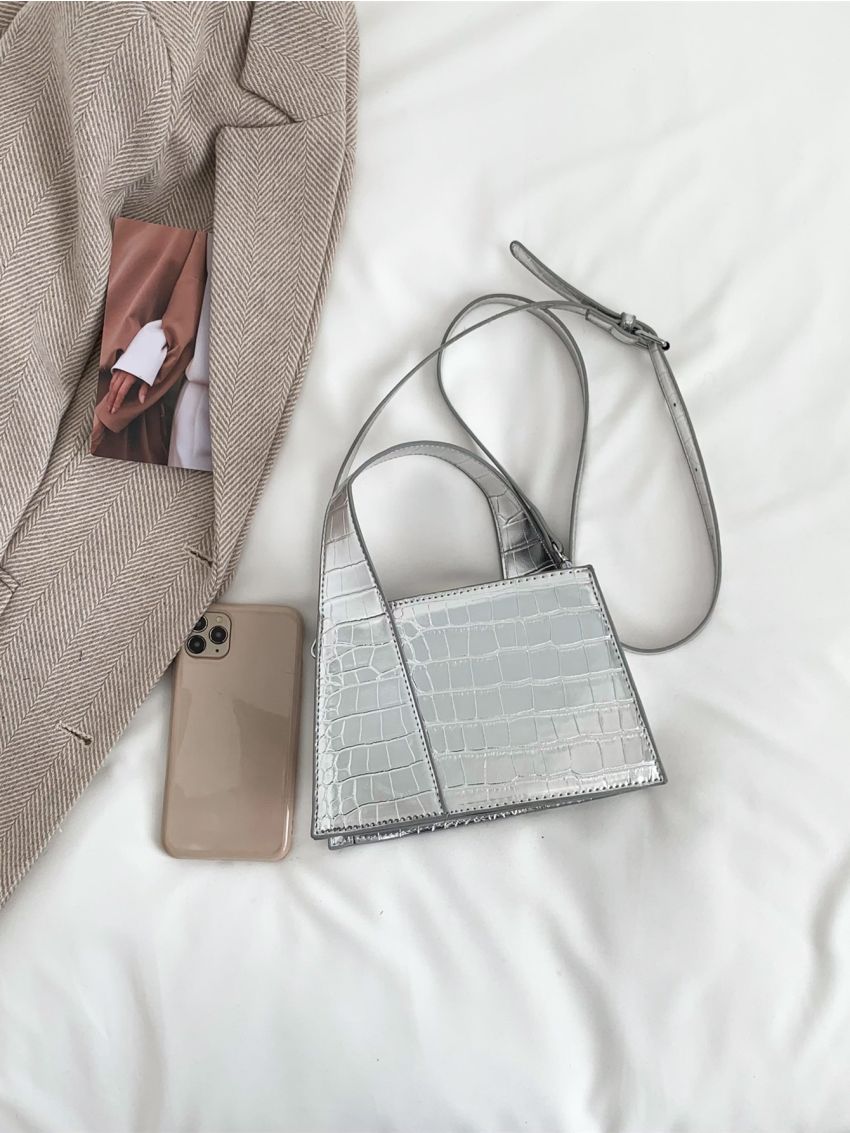 Mini Metallic Crocodile Embossed Square Bag