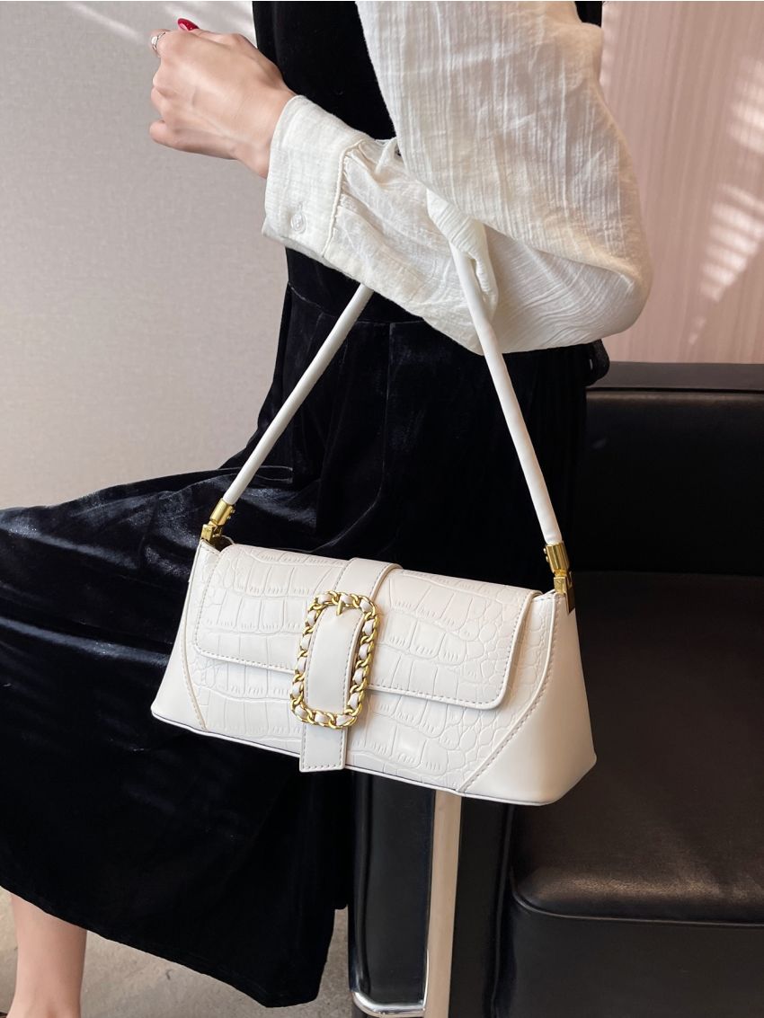 Crocodile Embossed Buckle Decor Baguette Bag