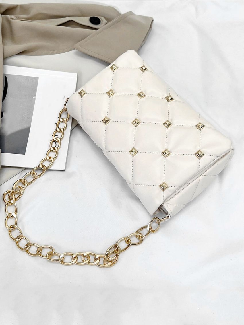 Quilted Studded Decor Flap Chain Square Bag