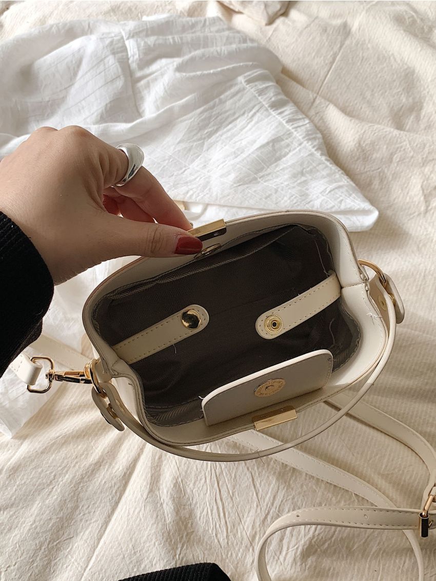 Mini Bucket Bag Letter Embossed Detail Metal Decor
