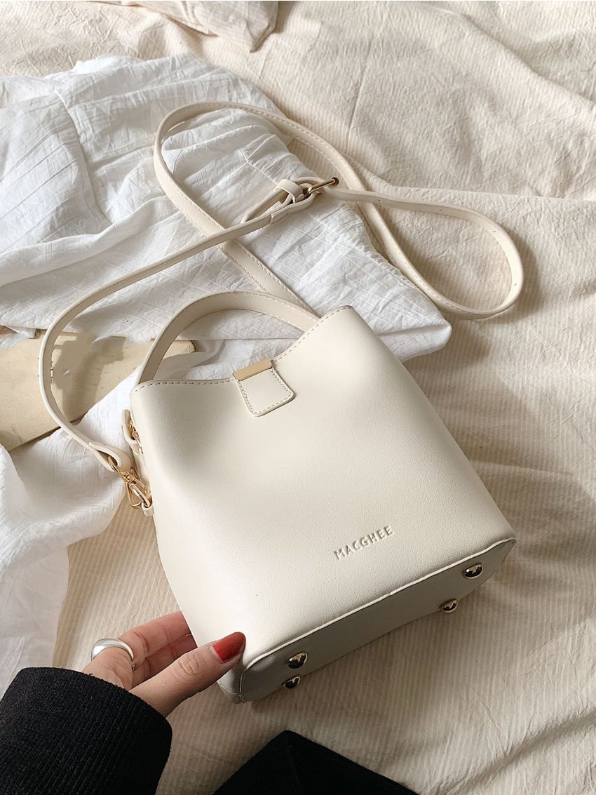 Mini Bucket Bag Letter Embossed Detail Metal Decor